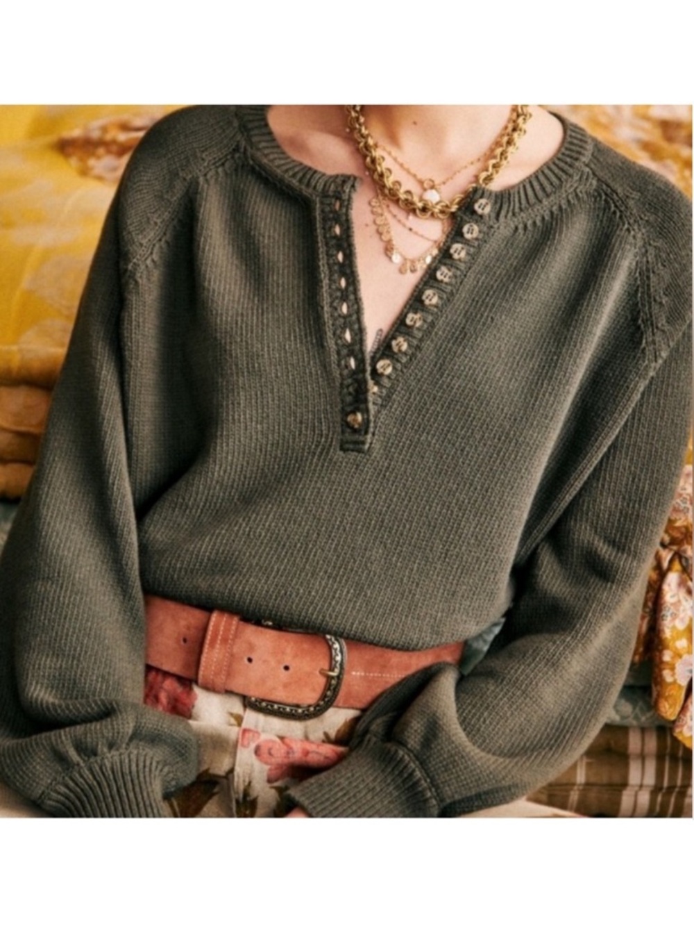 Sezane Cotton Leontine Sweater Olive Green Medium